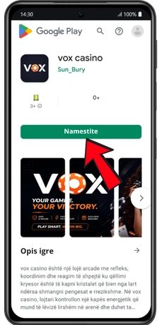 Namestitev aplikacije Vox Casino s tapom na gumb Namesti na pametnem telefonu