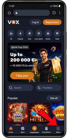 Uradna domača stran Vox Casino, odprta v mobilnem brskalniku za prenos Android aplikacije