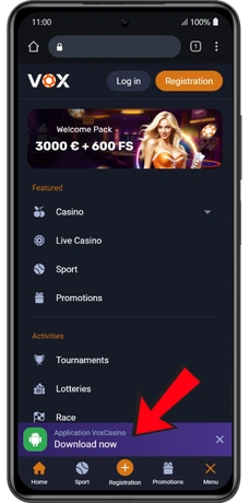 Gumb za prenos aplikacije Vox Casino za Android v spodnjem delu uradne spletne strani